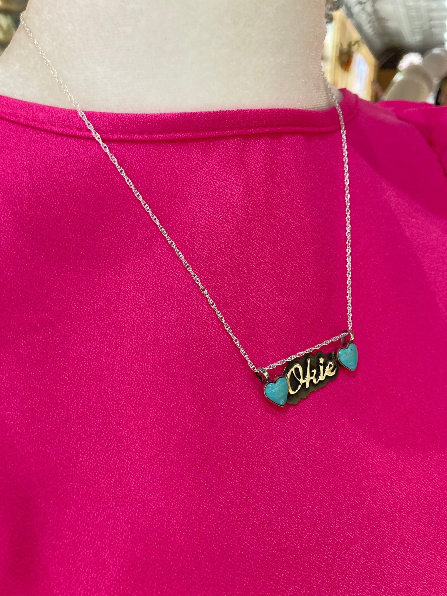 16" Turquoise Heart "OKIE" Necklace by Myra Benally, Navajo