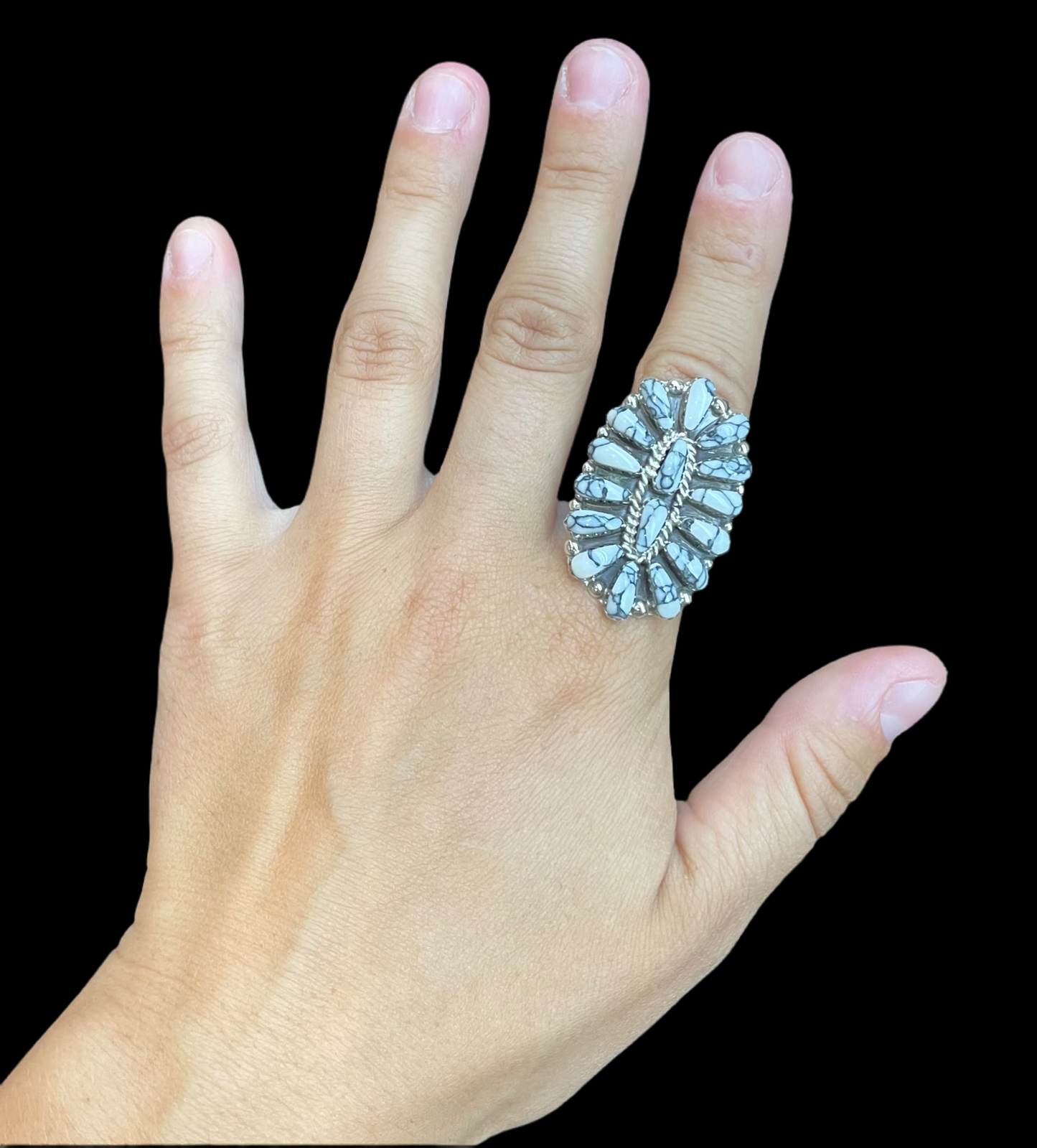 White Buffalo Cluster Ring by Davin Benally, Navajo