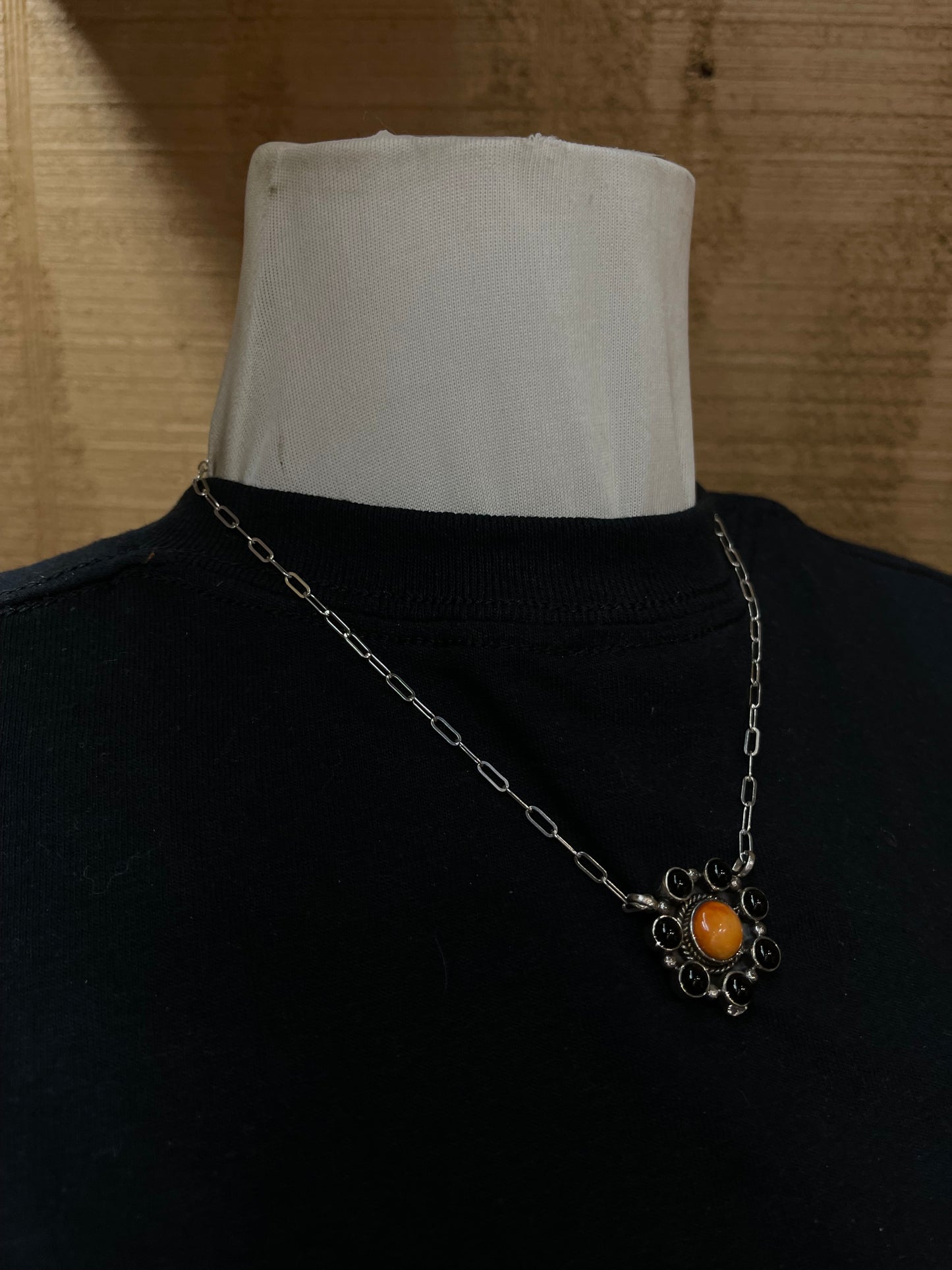 16" Black Onyx and Orange Spiny Oyster Necklace