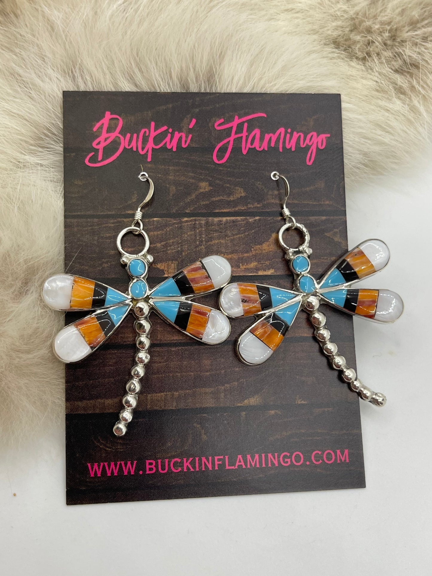 White Mop Dragonfly Inlay Earrings By Angus Ahiyite, Zuni