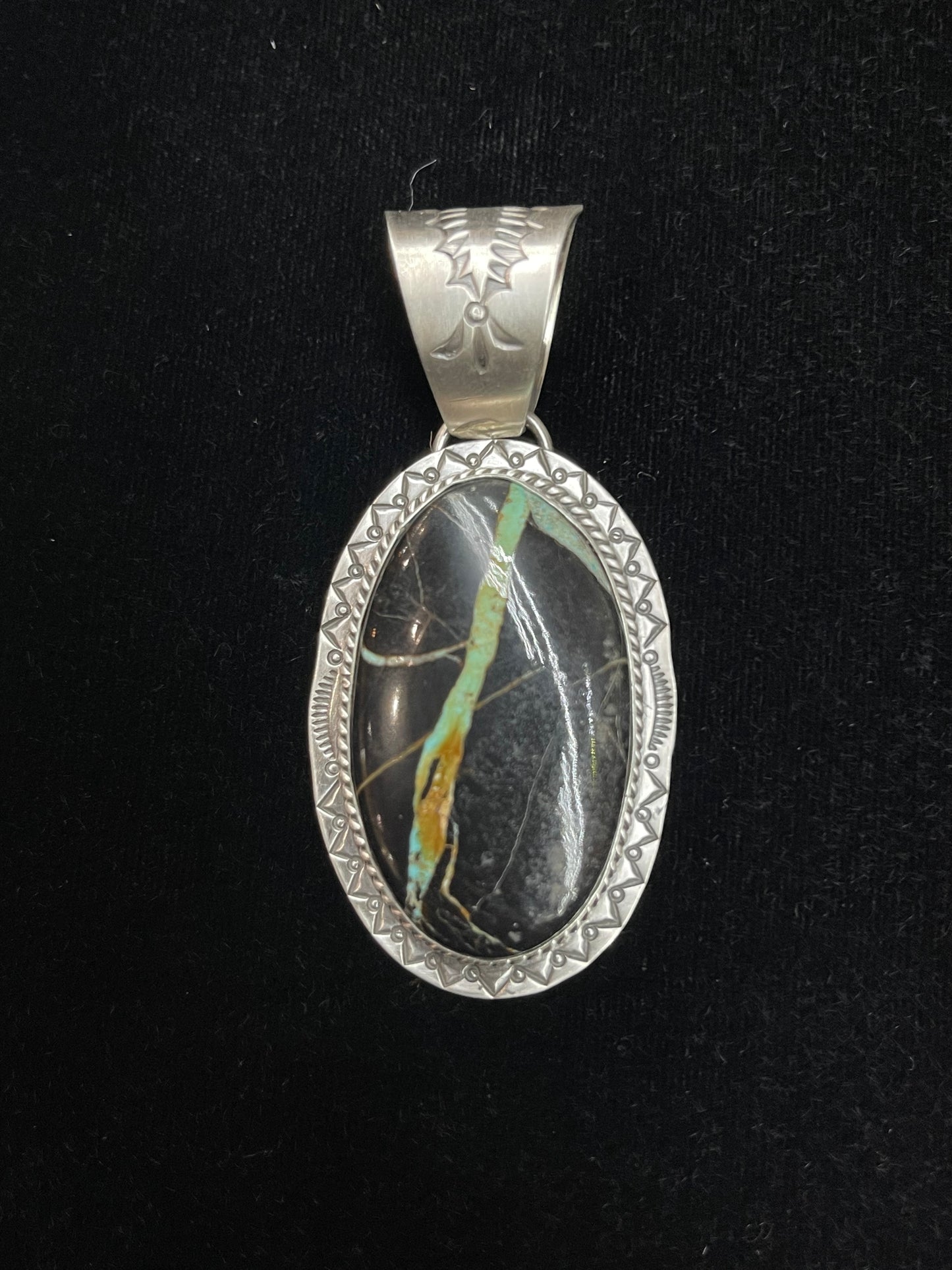 12.9mm Bale Black Buffalo Turquoise Pendant by J Piaso, Jr. Navajo