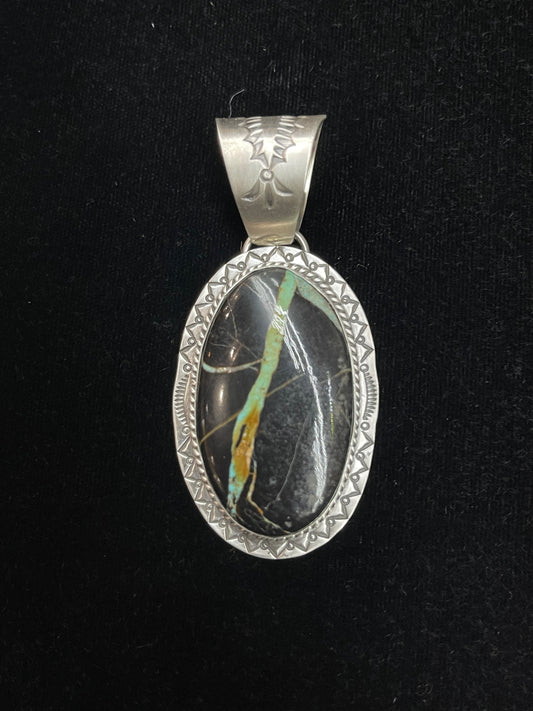 12.9mm Bale Black Buffalo Turquoise Pendant by J Piaso, Jr. Navajo