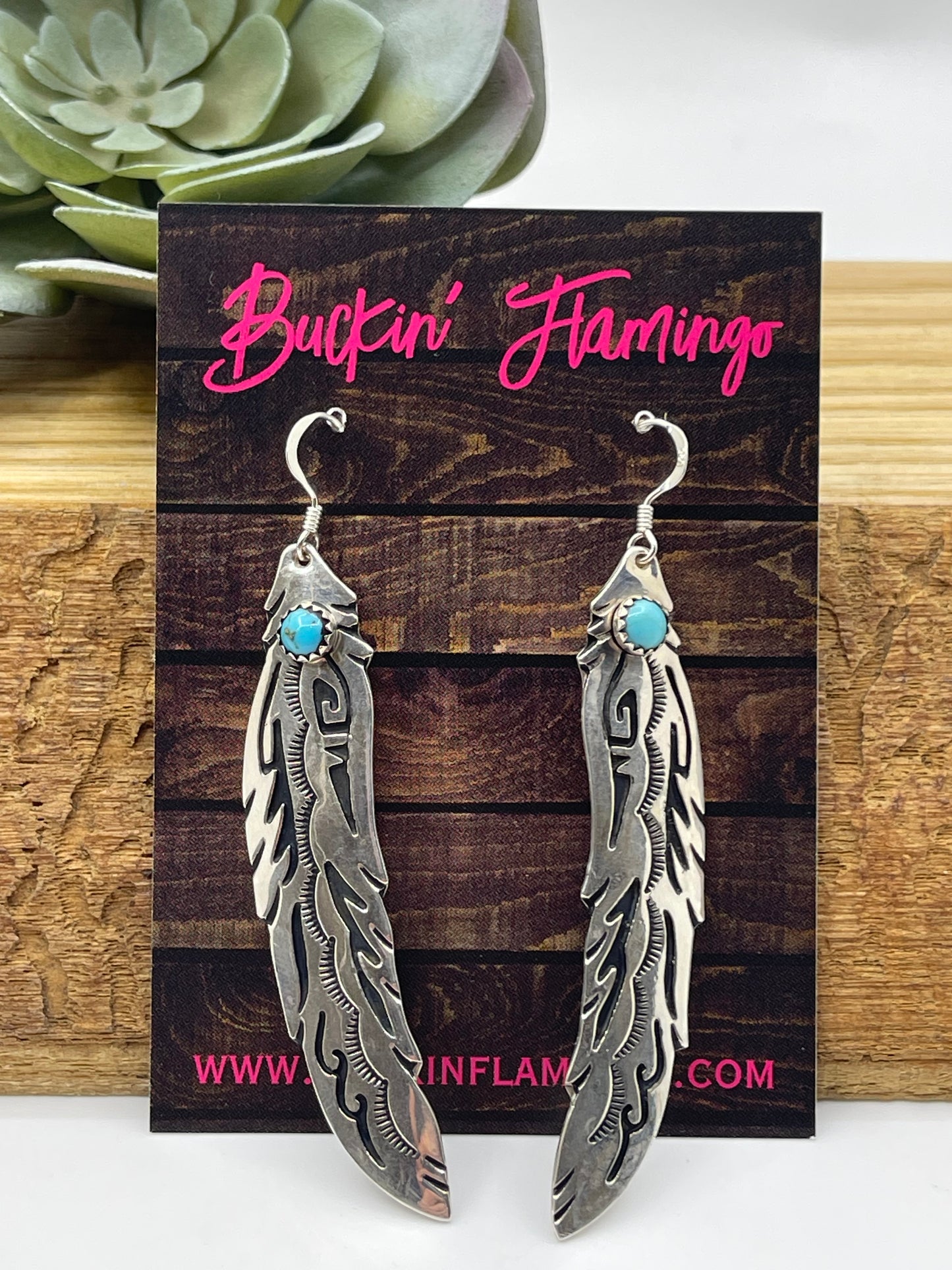 3" Turquoise Silver Overlay Feather Dangle Earrings by Tommy and Rose Singer, Navajo