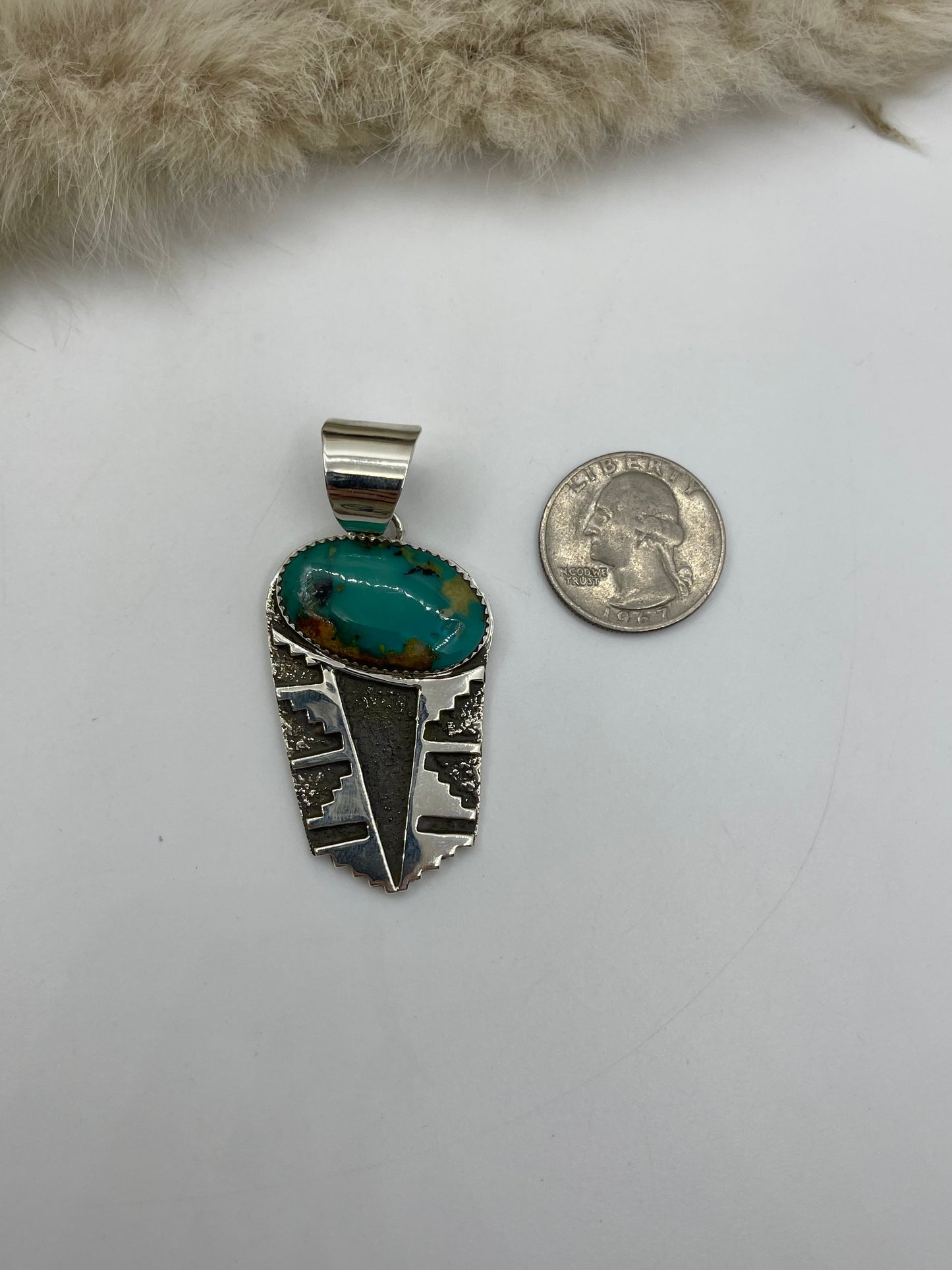 11.5mm Bale Silver Overlay Rug Design with Royston Turquoise Pendant by Marie Jackson, Navajo