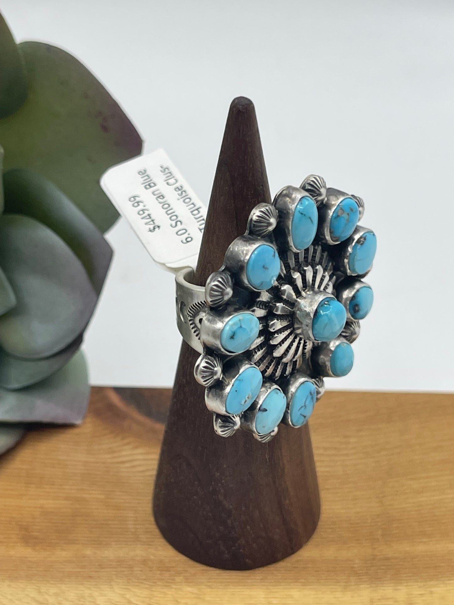 6.0 Sonoran Blue Turquoise Cluster Concho Ring by Tom Lewis, Navajo