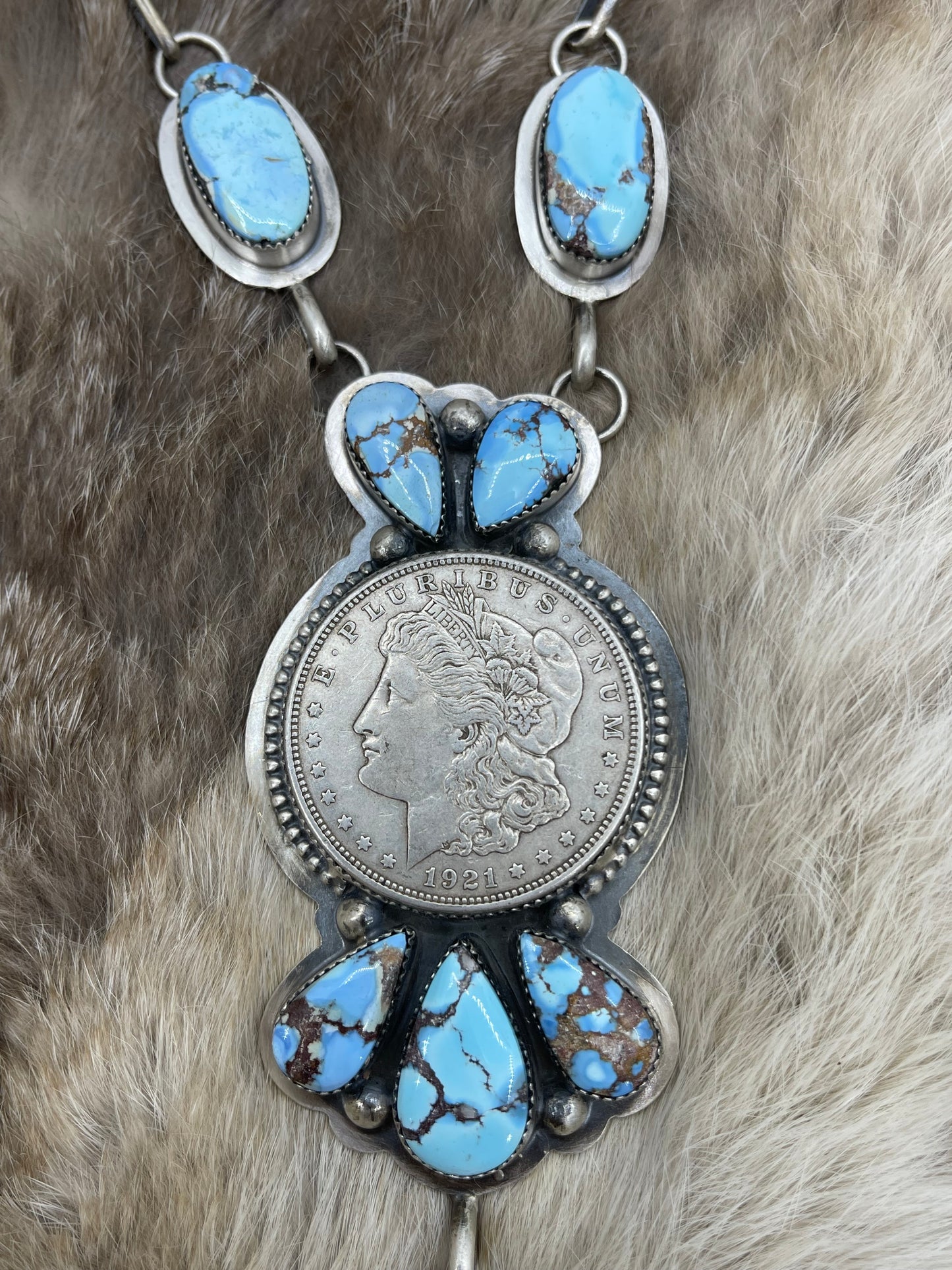 Golden Hills Turquoise Necklace w/ 1921 Morgan Silver Dollar by Delbert Secatero, Navajo