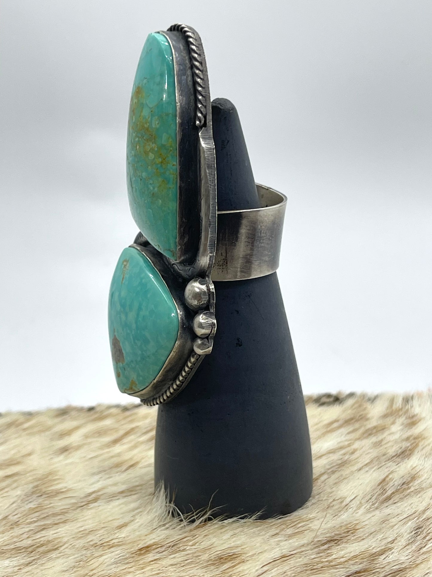 Two Stone Emerald Valley Turquoise 9.0 - 10.0 Adjustable Ring by Boyd J. Ashley, Navajo