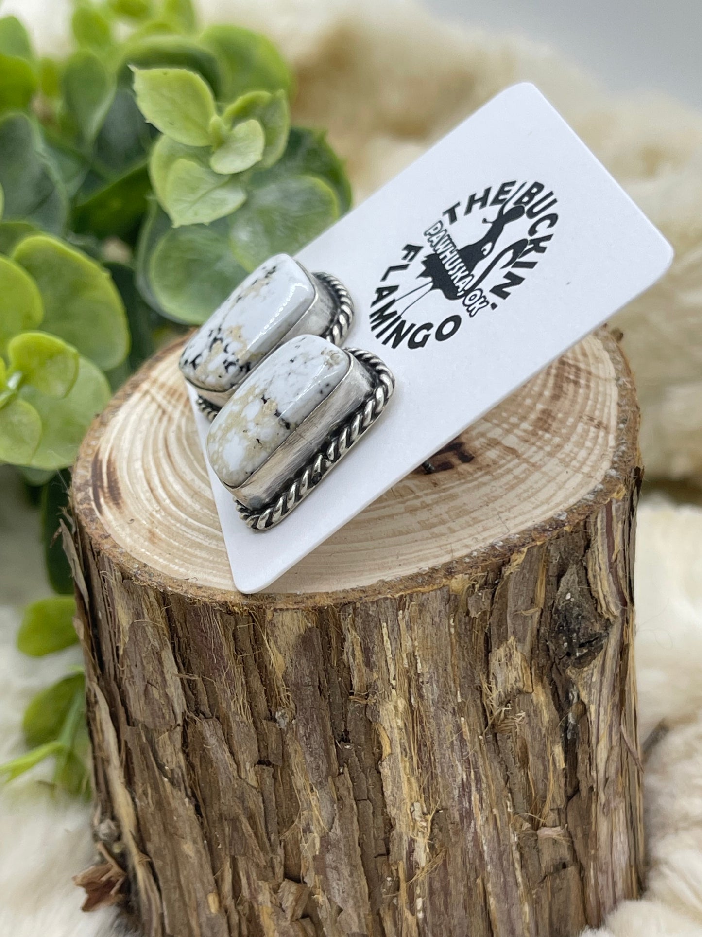 Square White Buffalo Earrings By Elouise Kee, Navajo