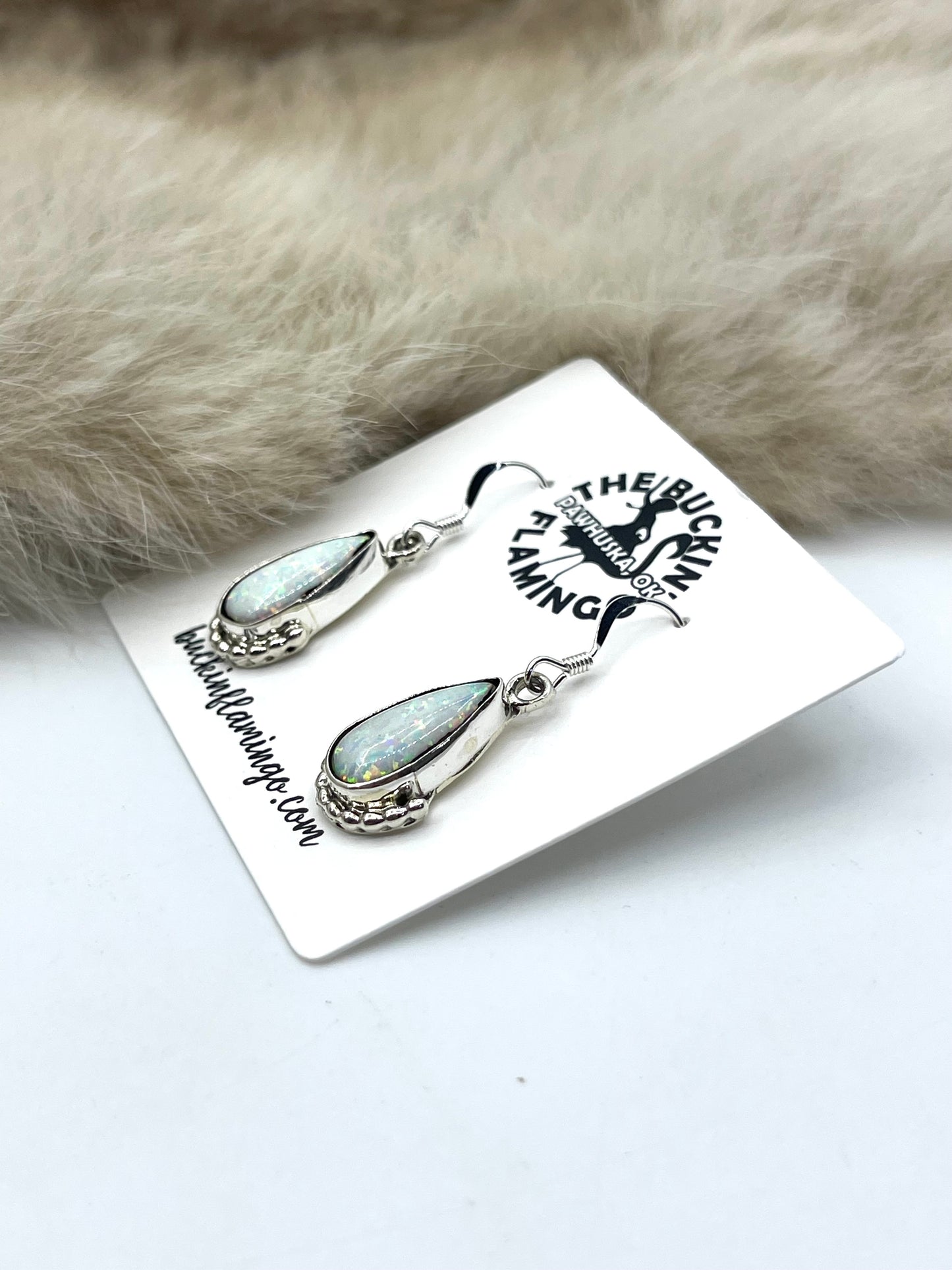 White Opal Teardrop Dangle Earrings by Robert Martinez, Navajo