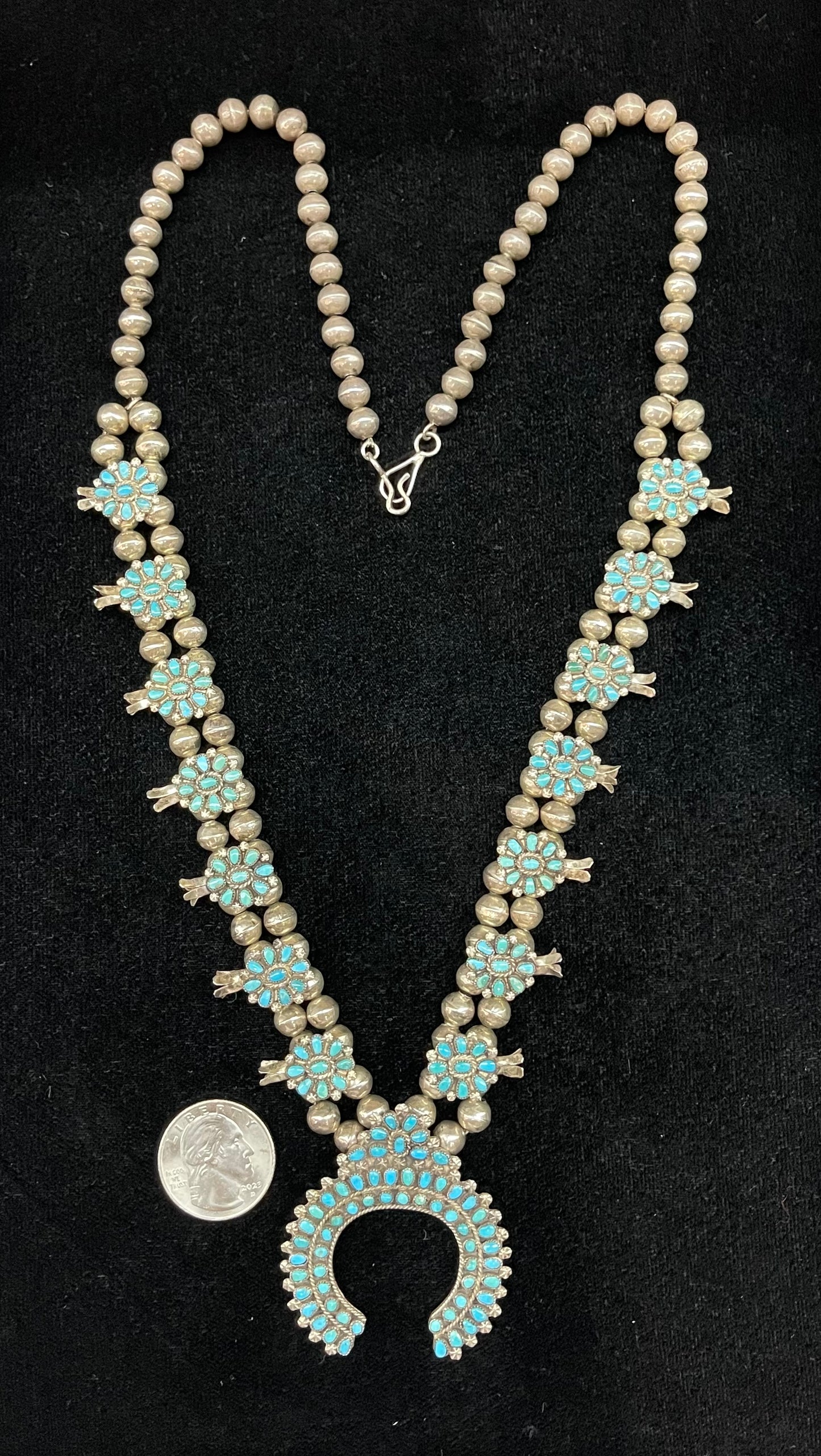 lot 22 10/20 Vintage Kingman Turquoise Squash Blossom with 7mm Handmade Navajo Pearls