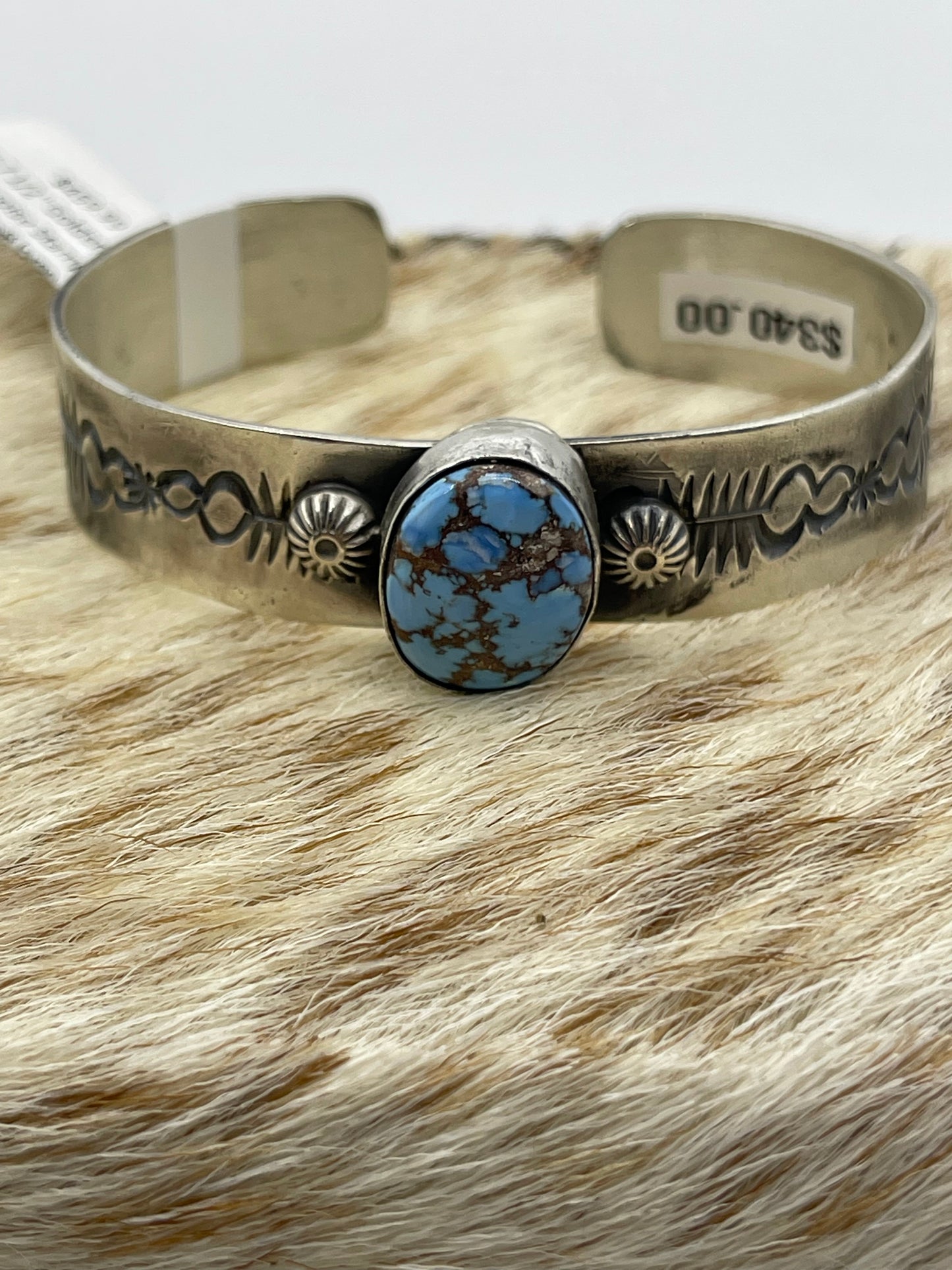 Golden Hills Turquoise Stamped Cuff by Jeff largo, Navajo