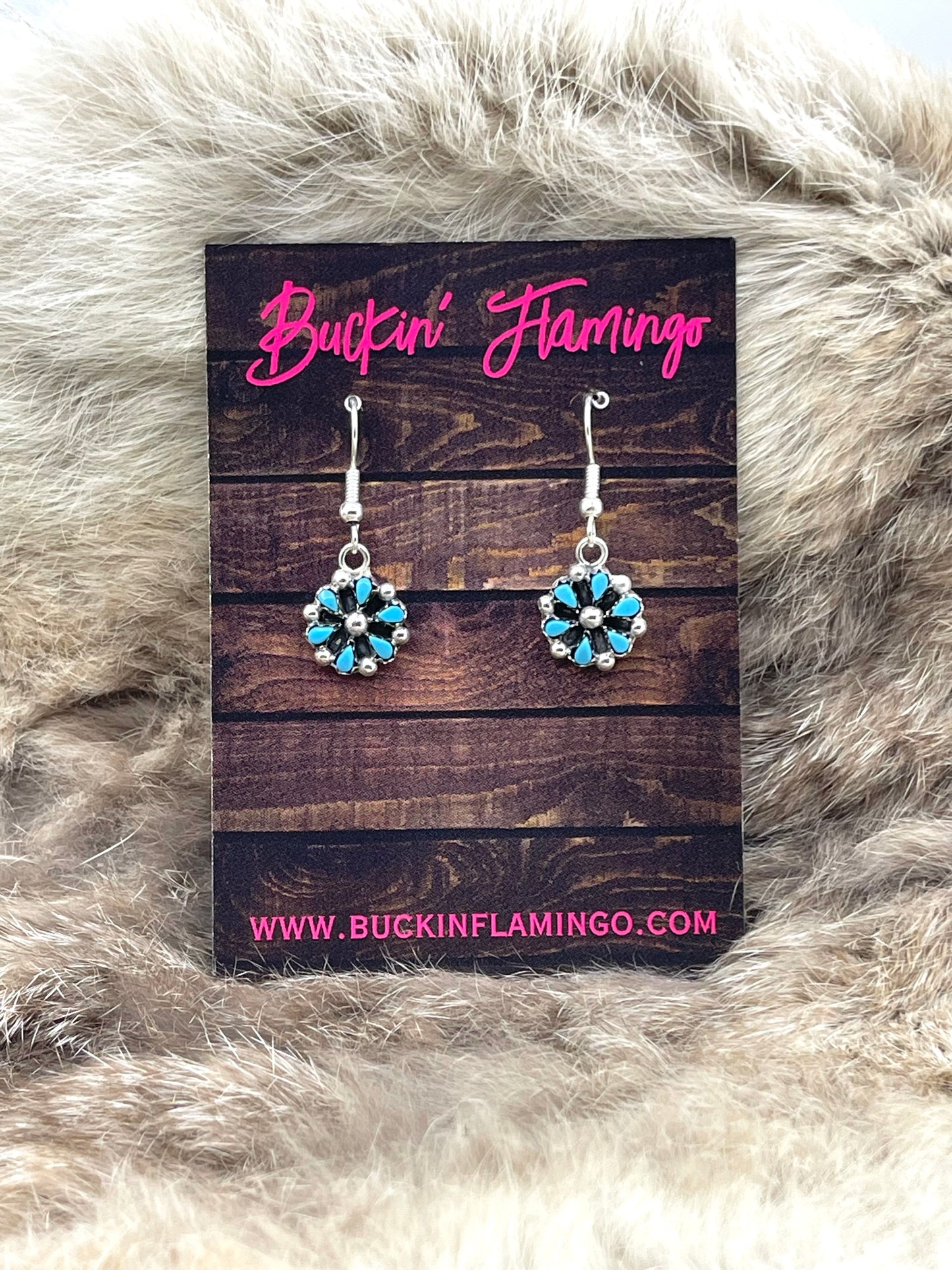 Dainty Flower Cluster Dangle Earrings w/ Turquoise by Tricia Leekity, Zuni