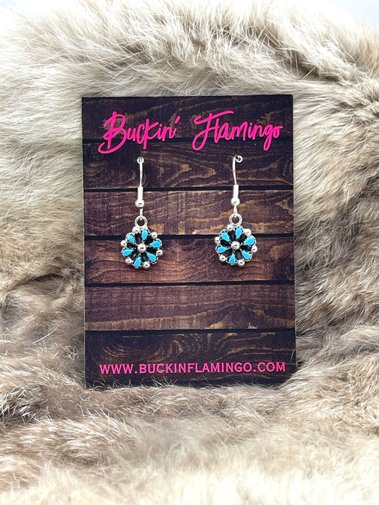 Dainty Flower Cluster Dangle Earrings w/ Turquoise by Tricia Leekity, Zuni