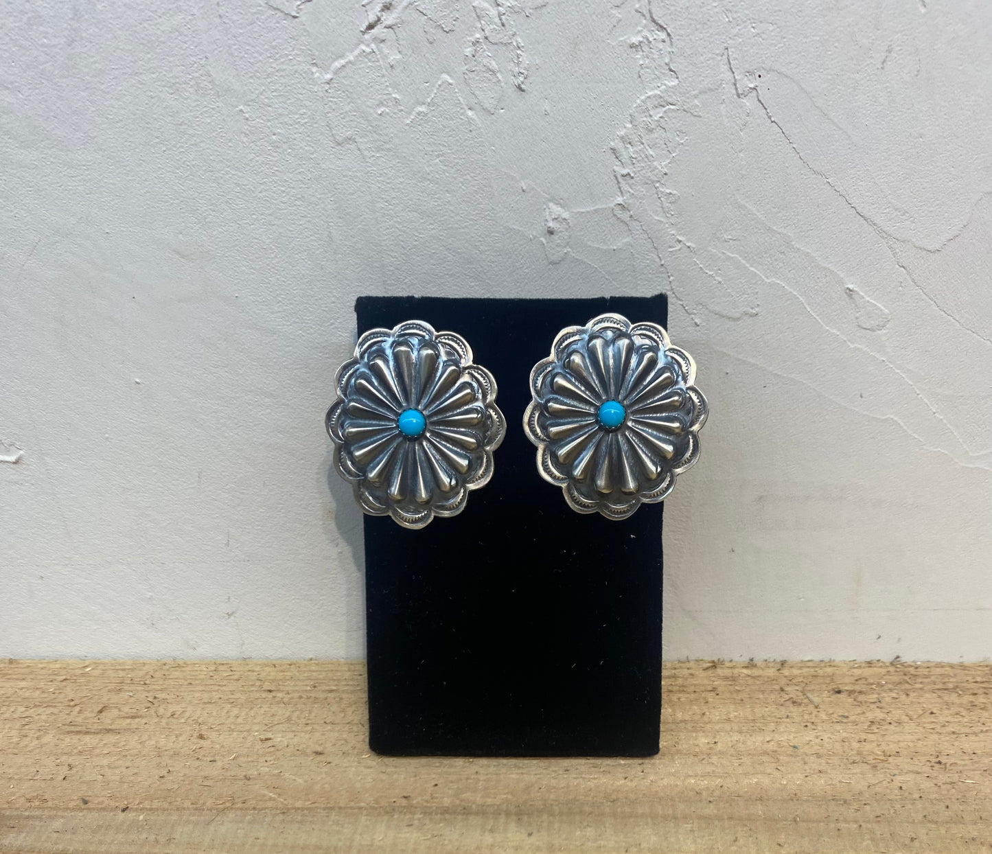 Hand Stamped Sterling Silver Concho with Sleeping Beauty Turquoise Earrings by Rita Daye