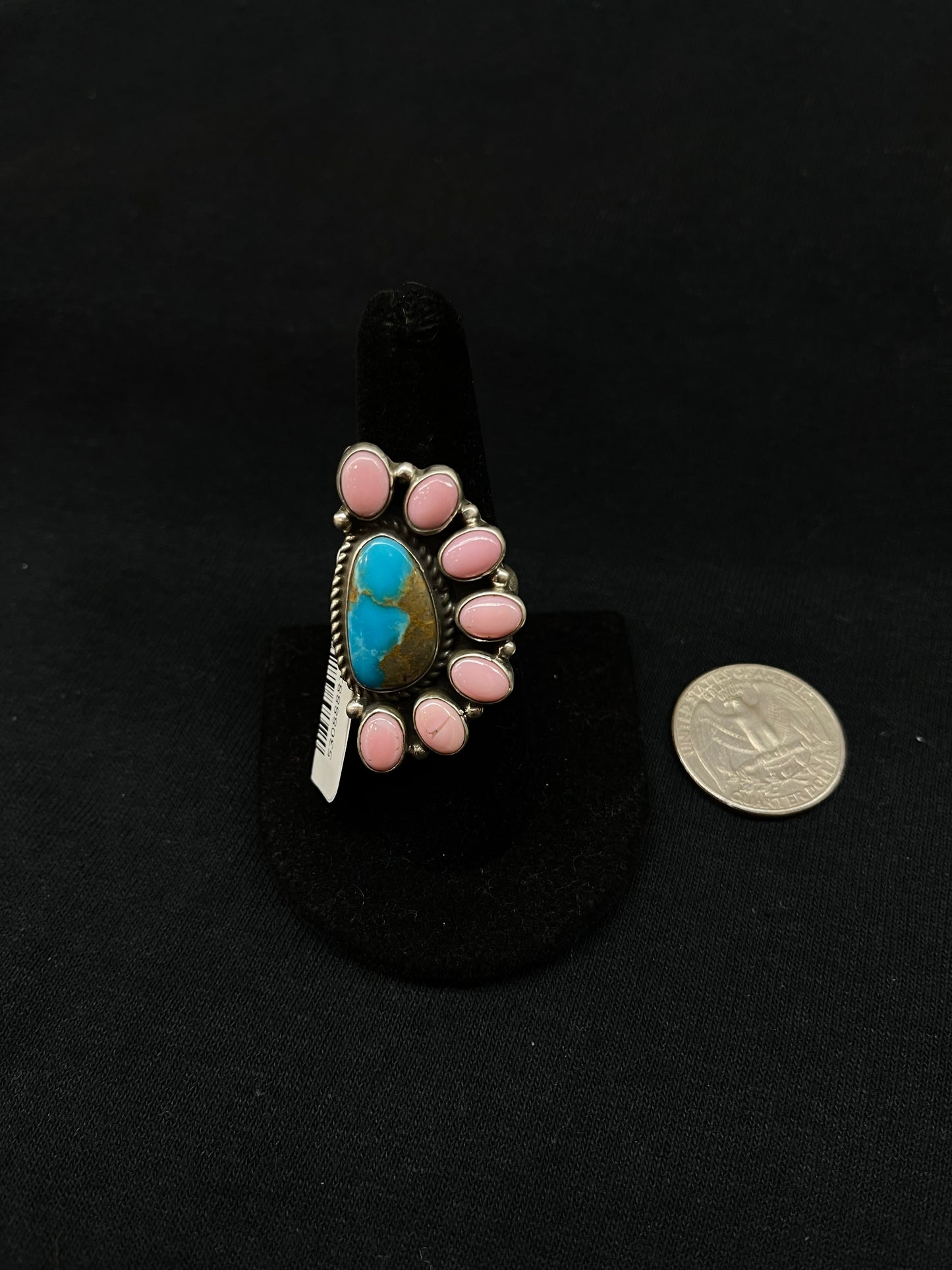 Adjustable Kingman Turquoise and Pink Conch Shell Half Cluster Ring by G. James, Navajo