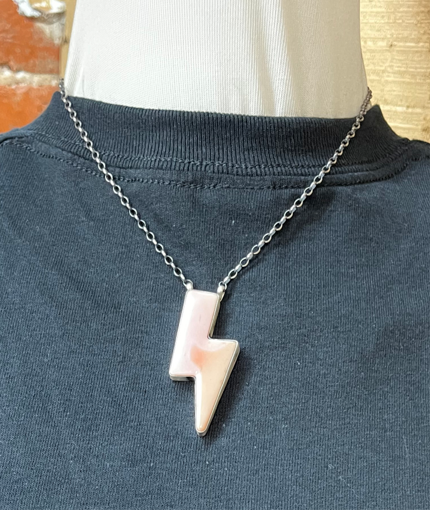 16" Pink Conch Shell Lightning Bolt Necklace by Donovan Skeets, Navajo
