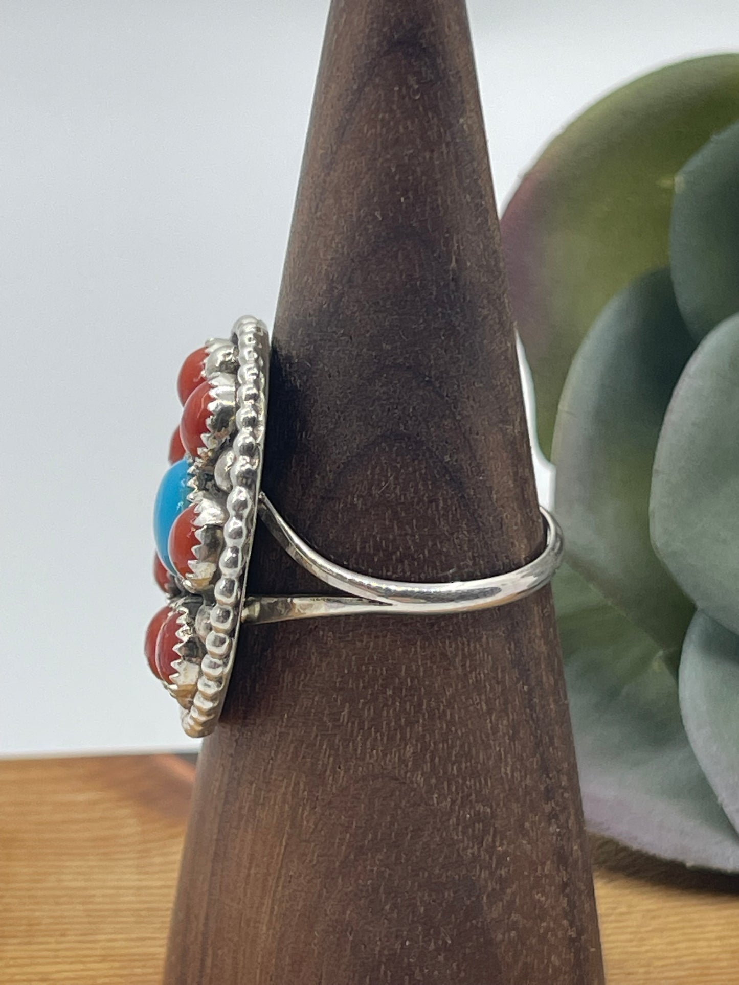 10.0 Coral and Turquoise Cluster Ring, Navajo Made