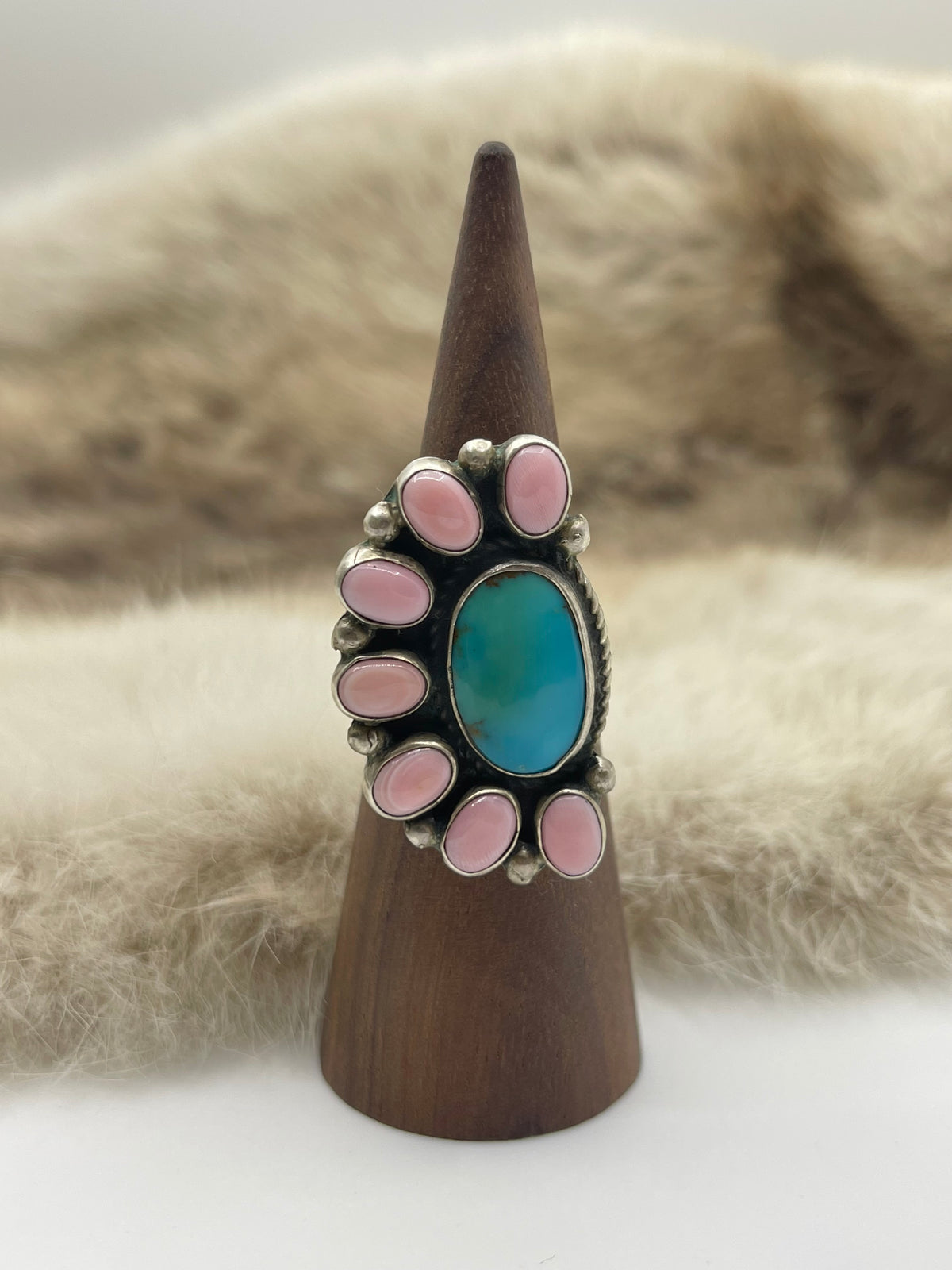 7.0 Half Cluster Turquoise & Pink Conch Shell Ring by Geraldine James, Navajo