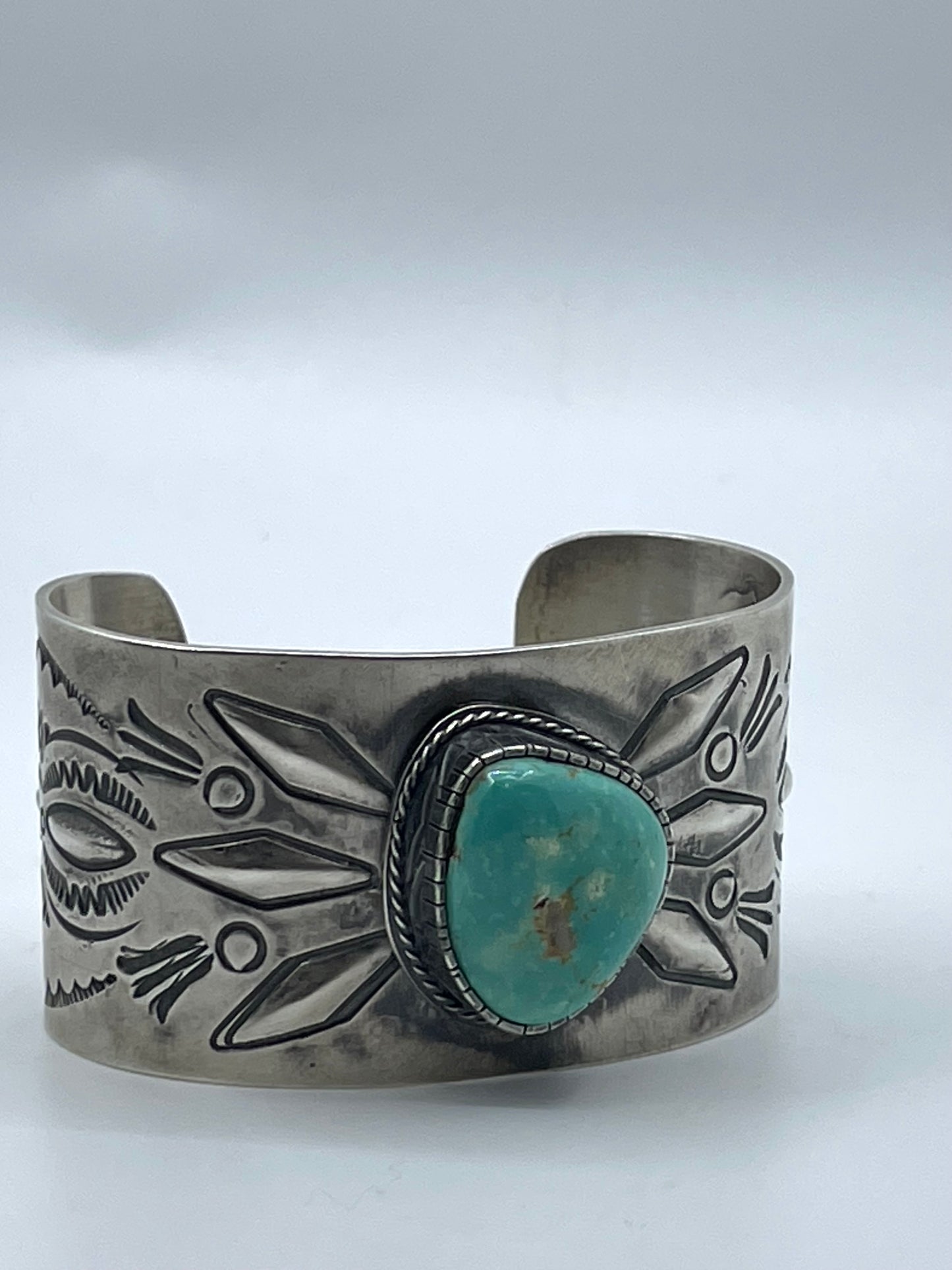 7" Sterling Silver Stamped Cuff with Sonoran Turquoise by Boyd J. Ashley, Navajo