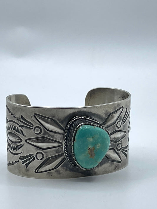 7" Sterling Silver Stamped Cuff with Sonoran Turquoise by Boyd J. Ashley, Navajo