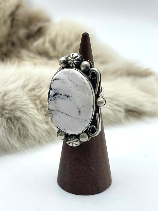 7.5 Oval White Buffalo Ring by Boyd Ashley, Navajo