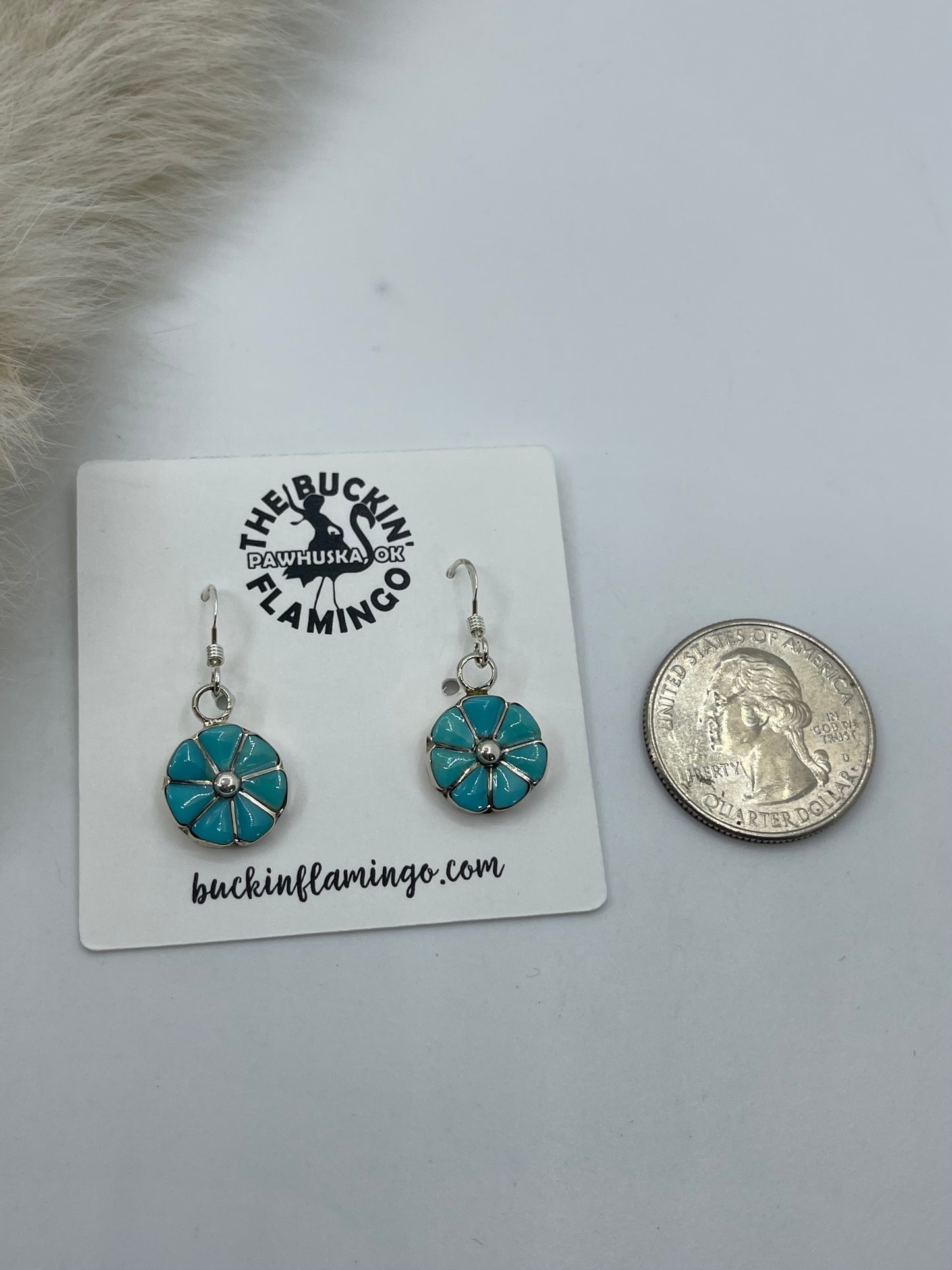 Turquoise Inlay Flower Dangle Earrings by Walter Lalio, Zuni