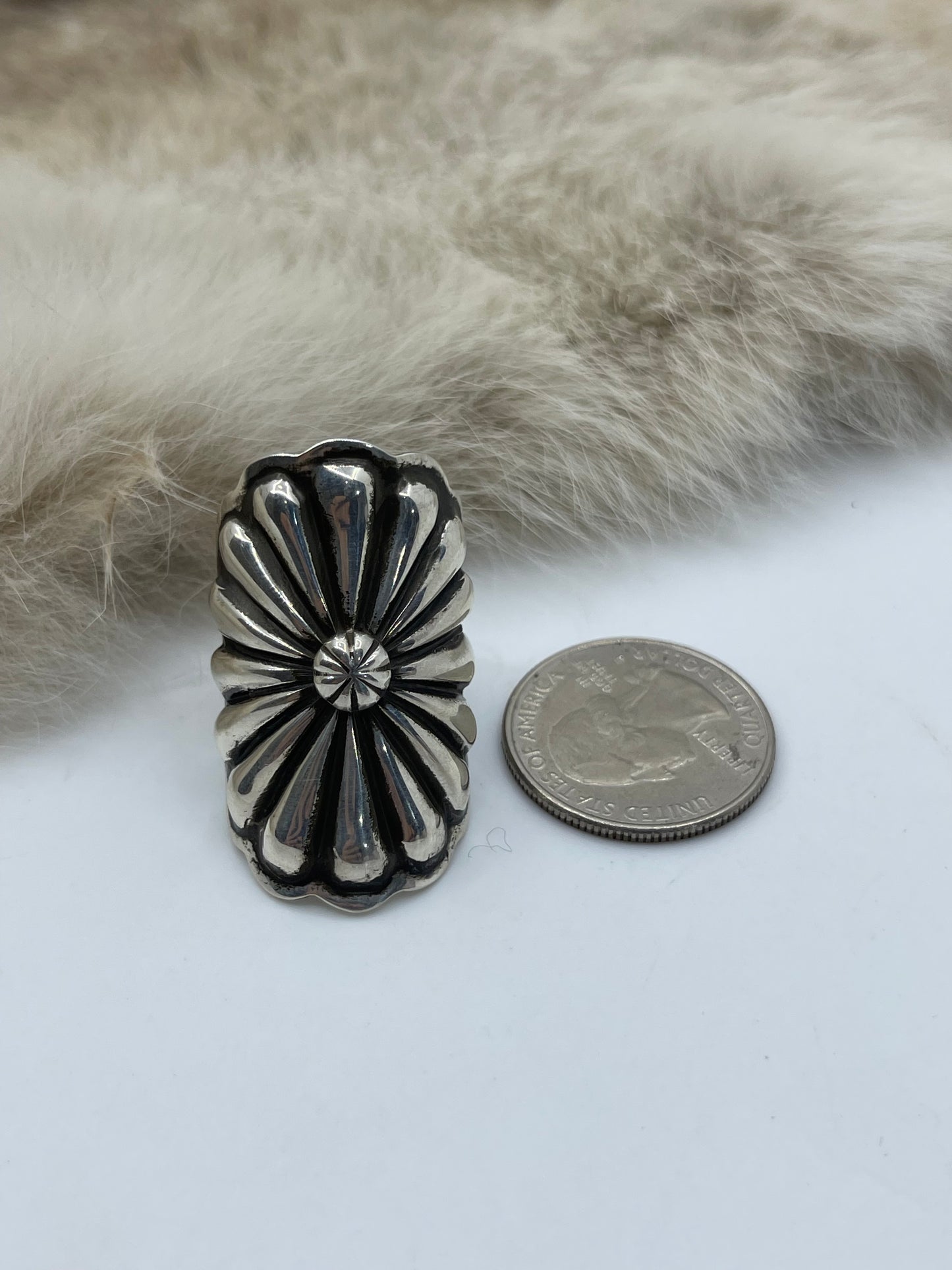 7.5 Silver Oval Concho Ring by Darnell Cadman, Navajo