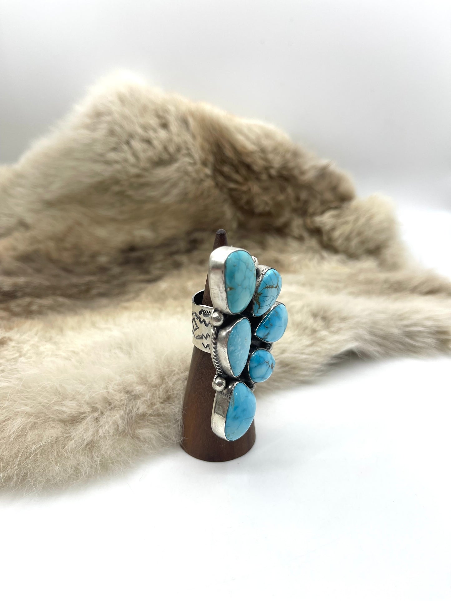 Adjustable (6.0-10.0) High Grade Kingman Turquoise Half Cluster Ring by Thompson Piaso, Navajo