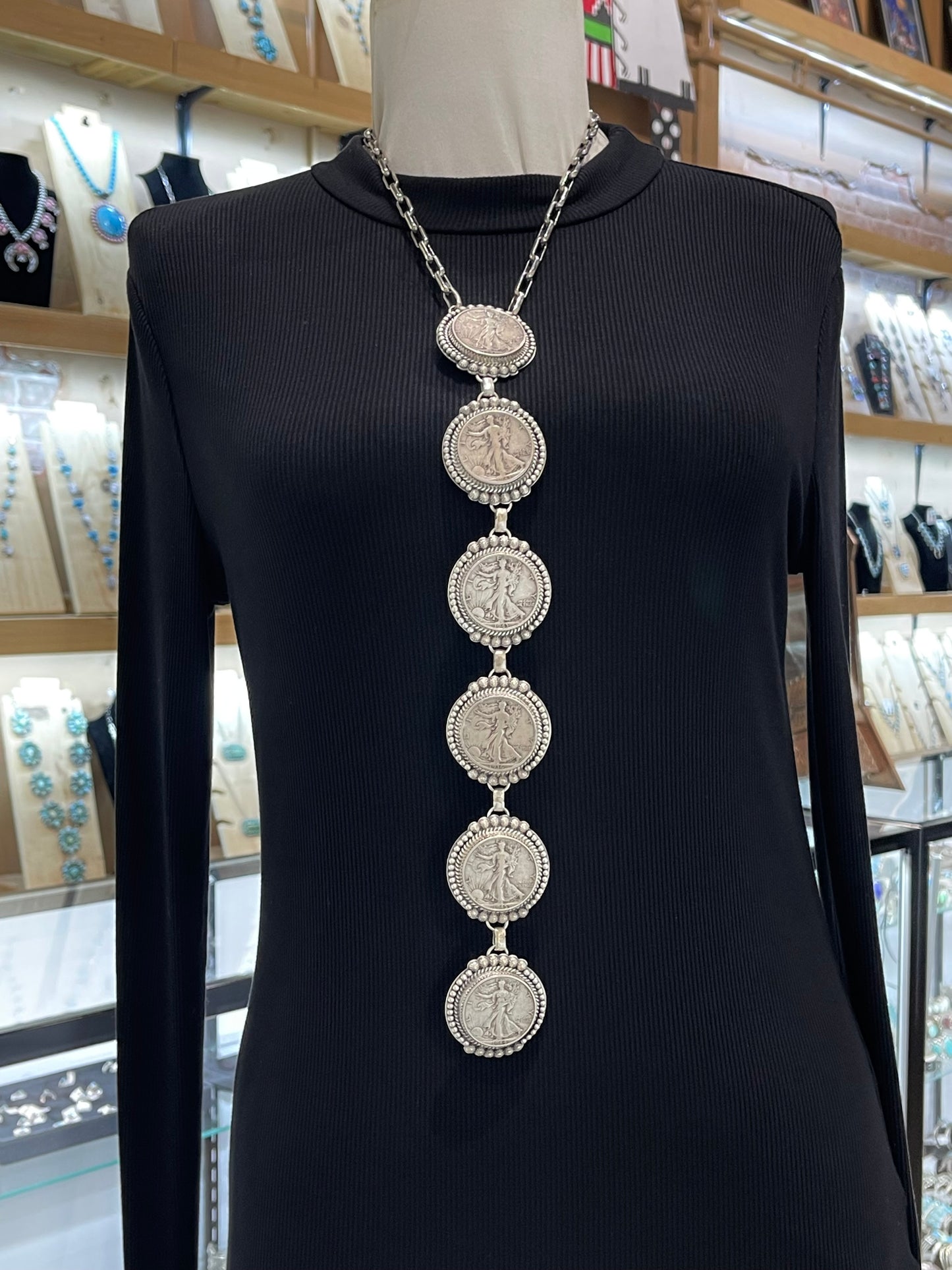 18" Vintage Silver Half Dollar 6 Coin Necklace