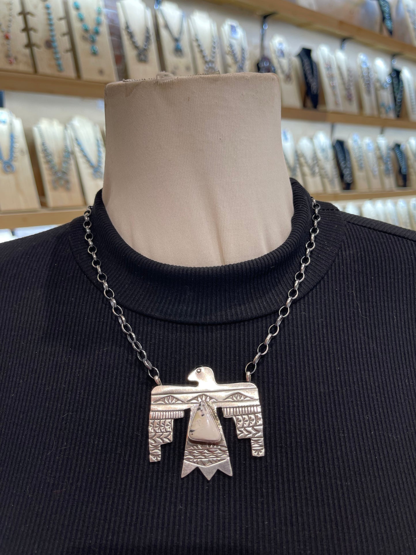 19" White Buffalo Thunderbird Necklace by Rick Enriquez, Navajo