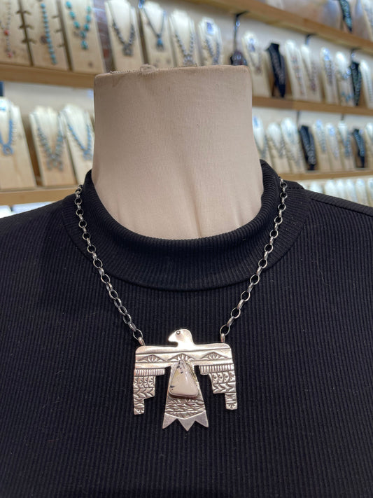 19" White Buffalo Thunderbird Necklace by Rick Enriquez, Navajo