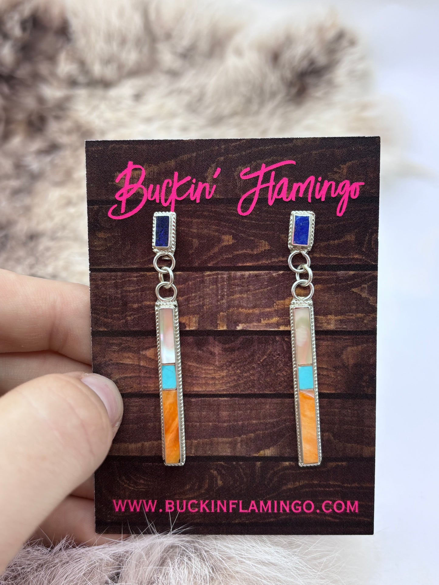 Inlay Long Dangle Post Earrings by Ricky T. Booqua , Zuni
