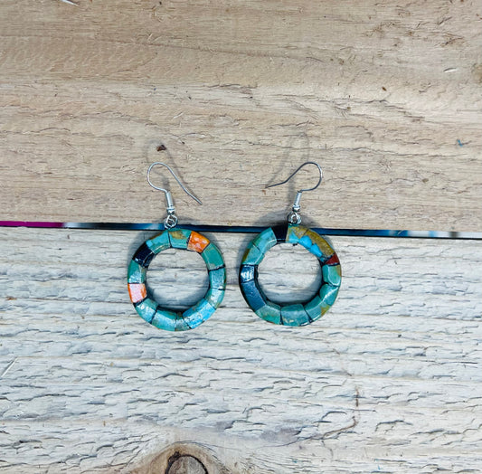 Paper Thin Inlay Lapidary Circle Dangle Earrings by Charles Bird
