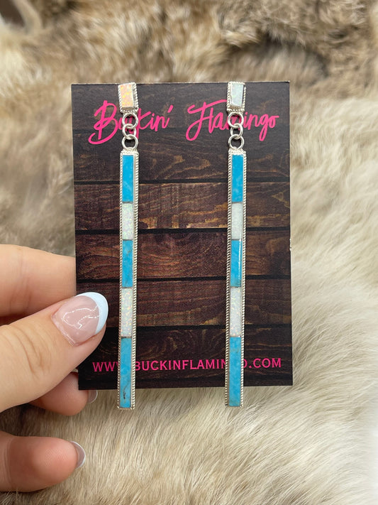 Turquoise & White Opal Long Inlay Dangle Earrings by Kayla Concho, Zuni
