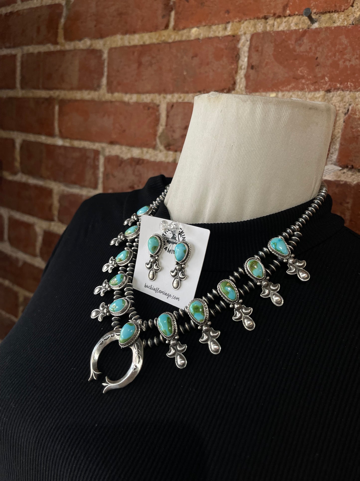20" Small Sonoran Gold Turquoise Squash Blossom and Earrings Set by Adrienne Gordon, Navajo