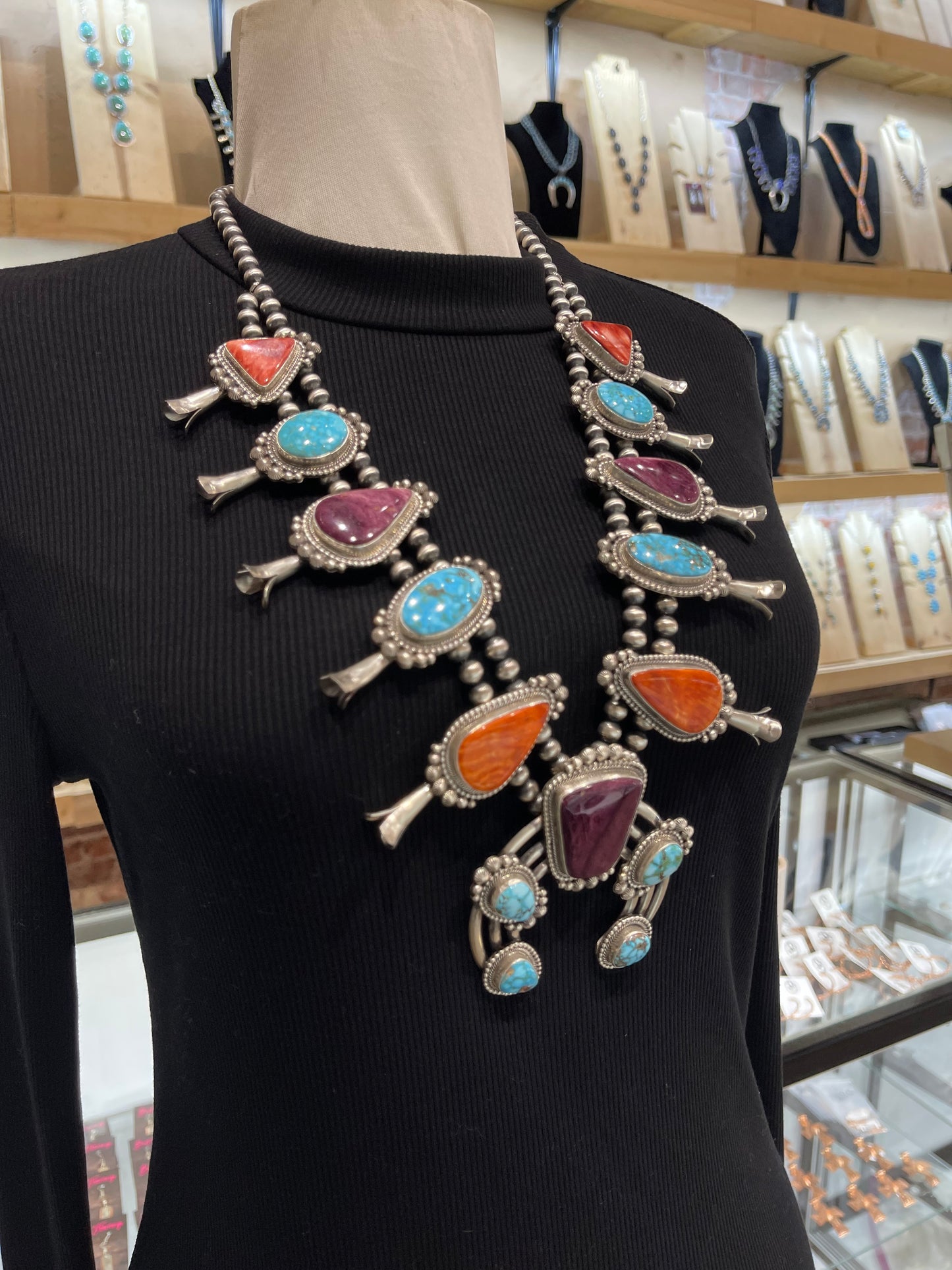 28" Multi Stone Squash Blossom Necklace by Tom Lewis, Navajo