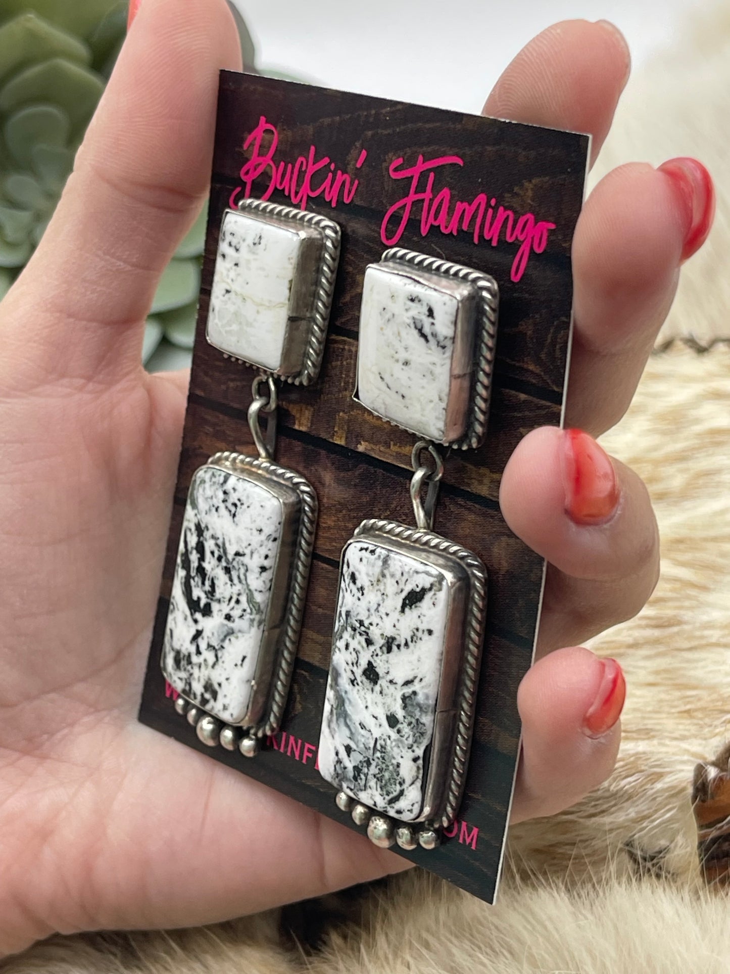 2 Stone White Buffalo Drop Dangle Post Earrings by Judith Dixon, Navajo
