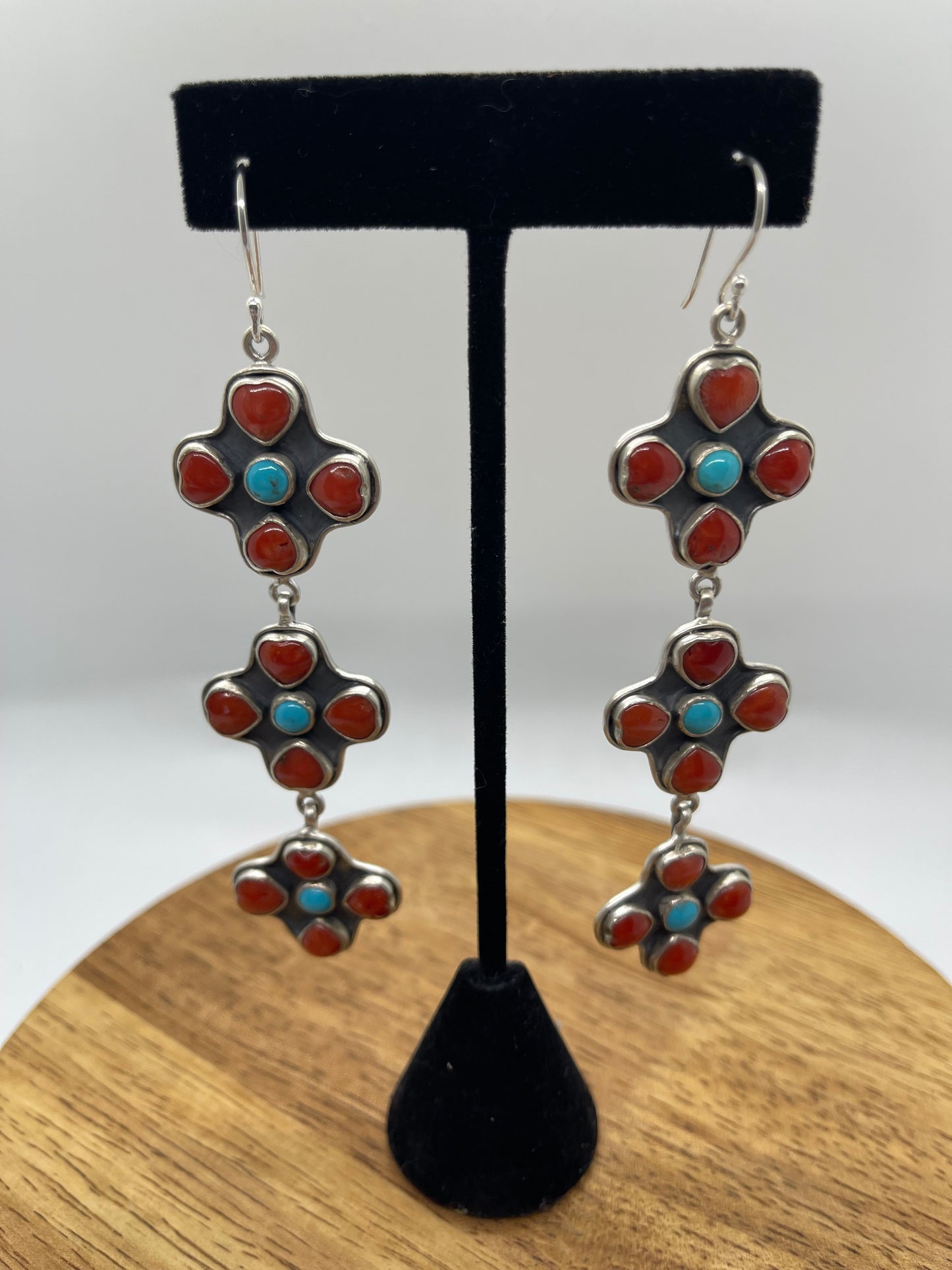 4" Coral and Turquoise Heart Cluster Dangle Earrings