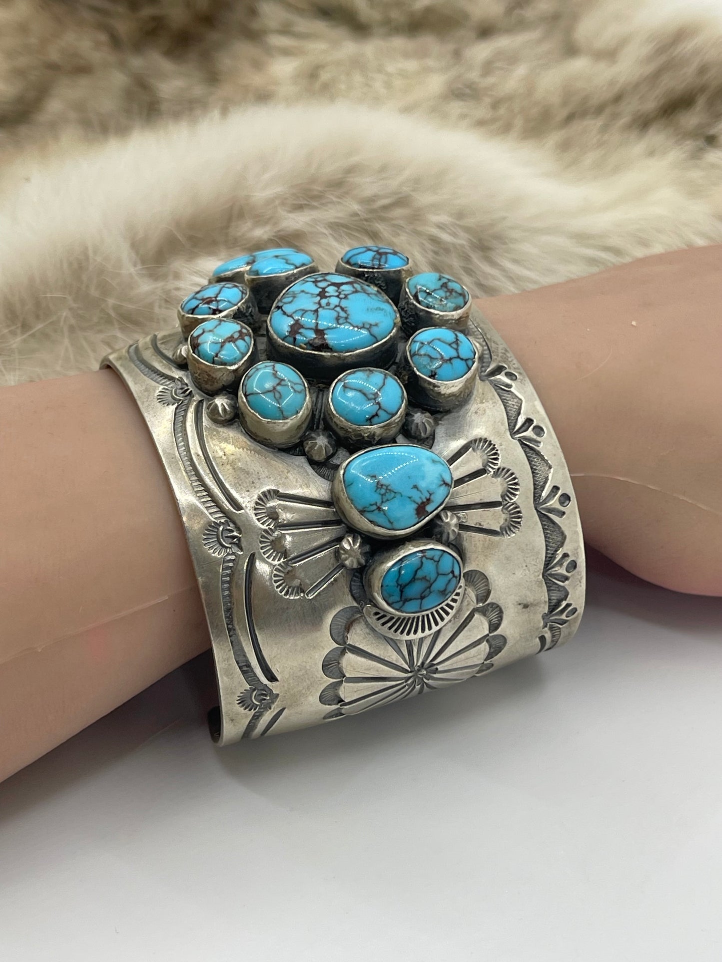 6.75" Egyptian Turquoise Cluster Cuff by John Nelson, Navajo