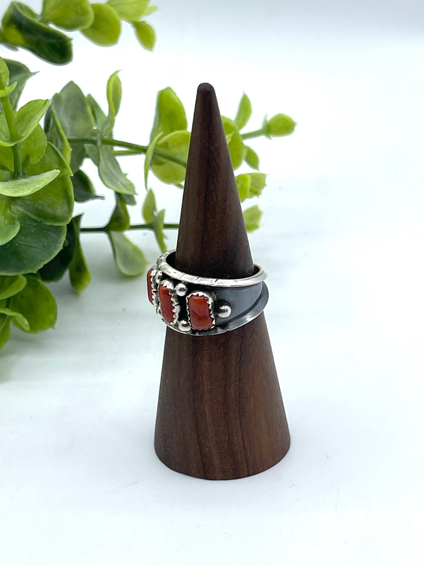 11.0 Red Coral 3 Stone Ring by Reed Charley, Navajo