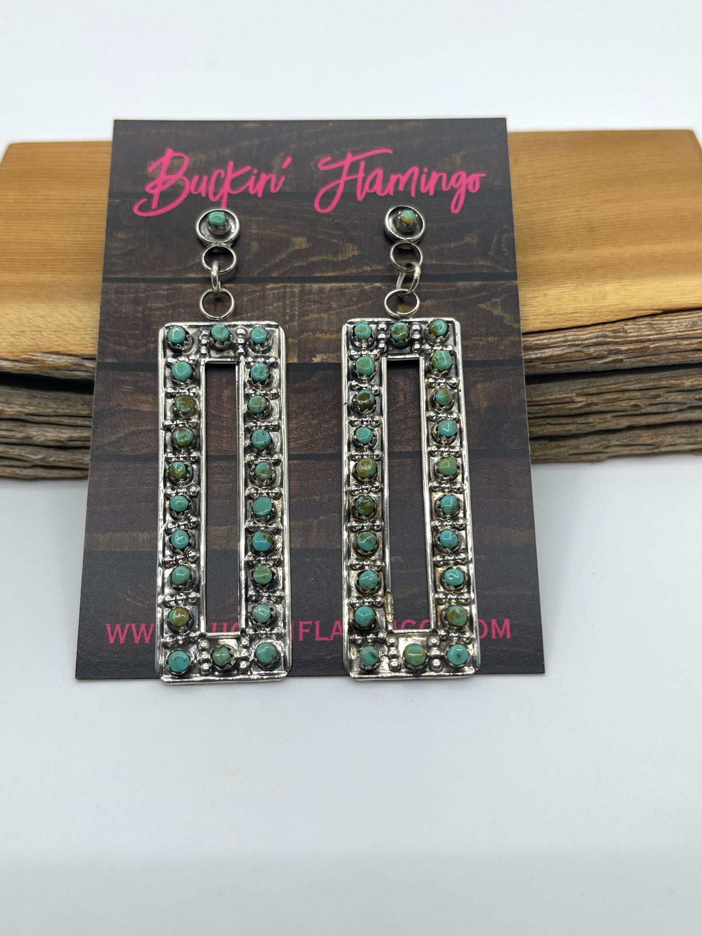 Turquoise Picture Frame Post Dangle Earrings by Marlon Quam, Zuni