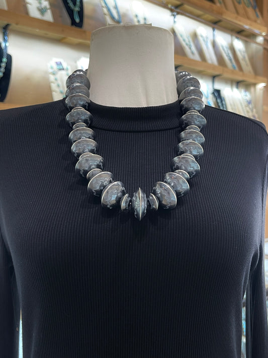25" Handmade Stamped Navajo Pearl Necklace by Marietta Kellywood, Navajo