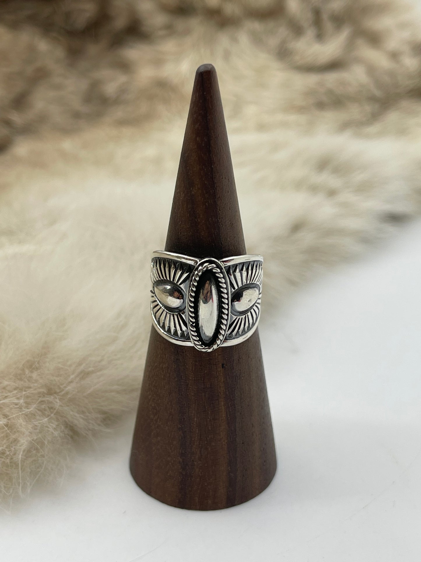 8.0 All Silver Concho Style Ring by Derrick Gordon, Navajo