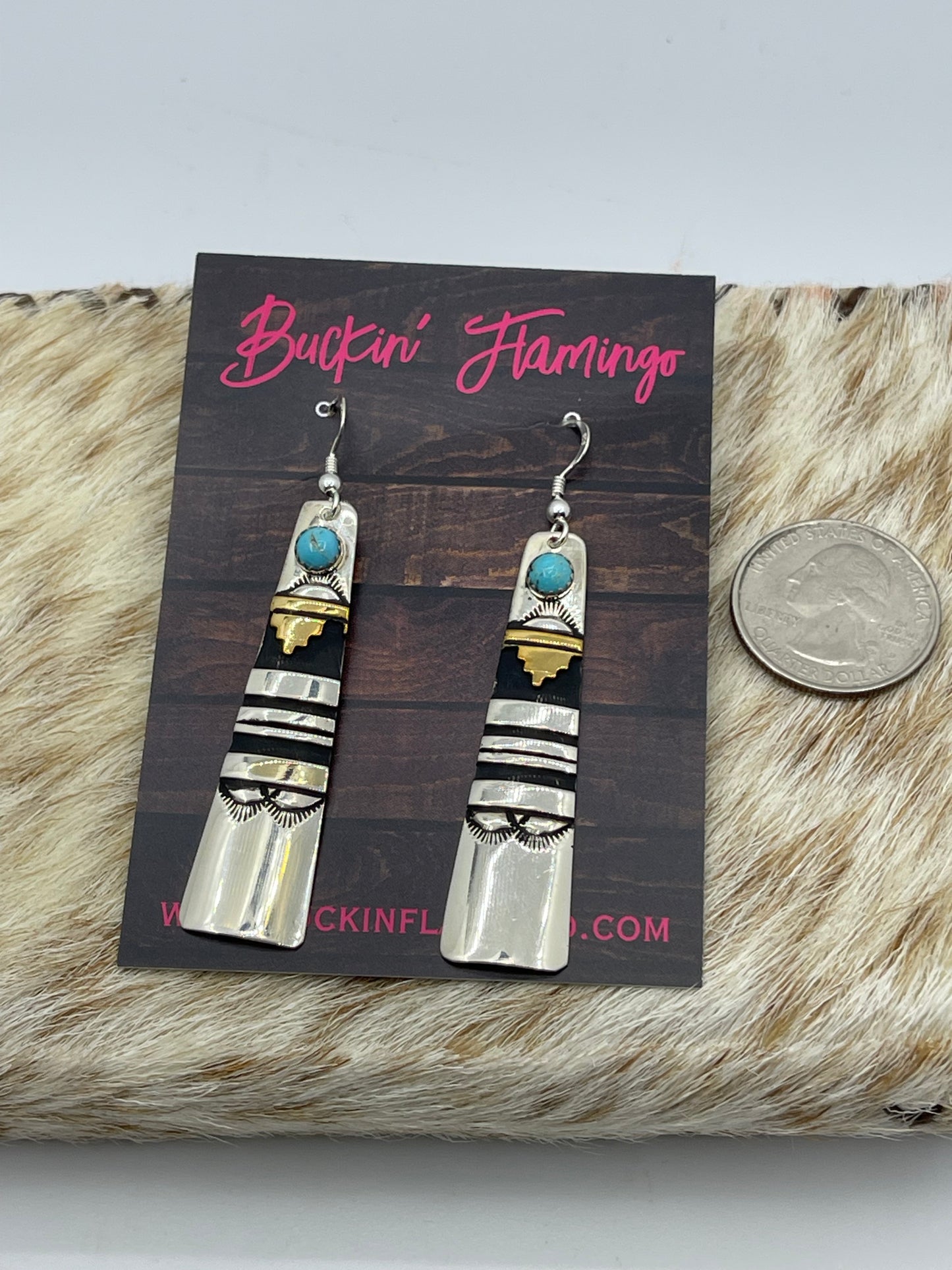 Silver and Brass Overlay Dangle Earrings with Turquoise by Tommy and Rose Singer, Navajo