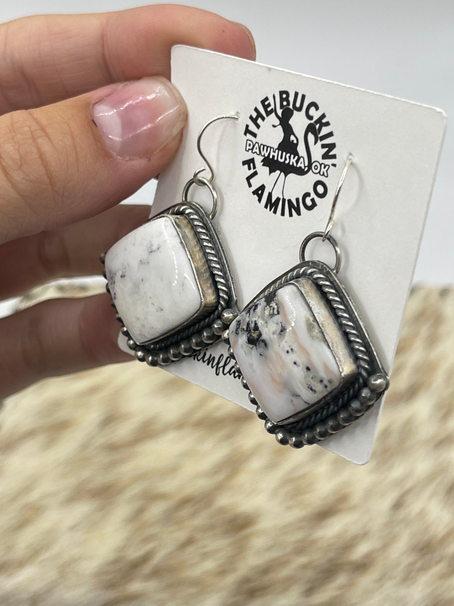 White Buffalo Diamond Shape Dangle Earrings, Navajo