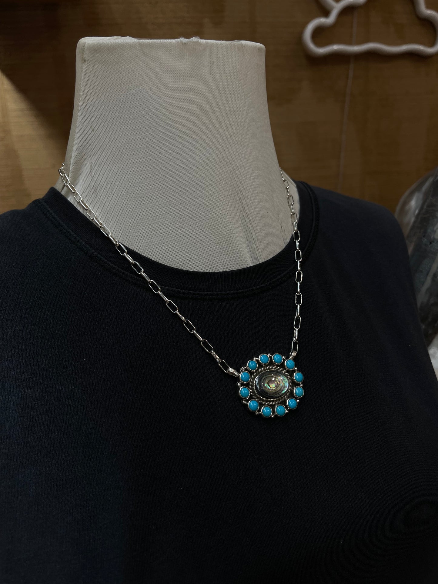 17" Abalone Shell and Sleeping Beauty Turquoise Cluster Necklace