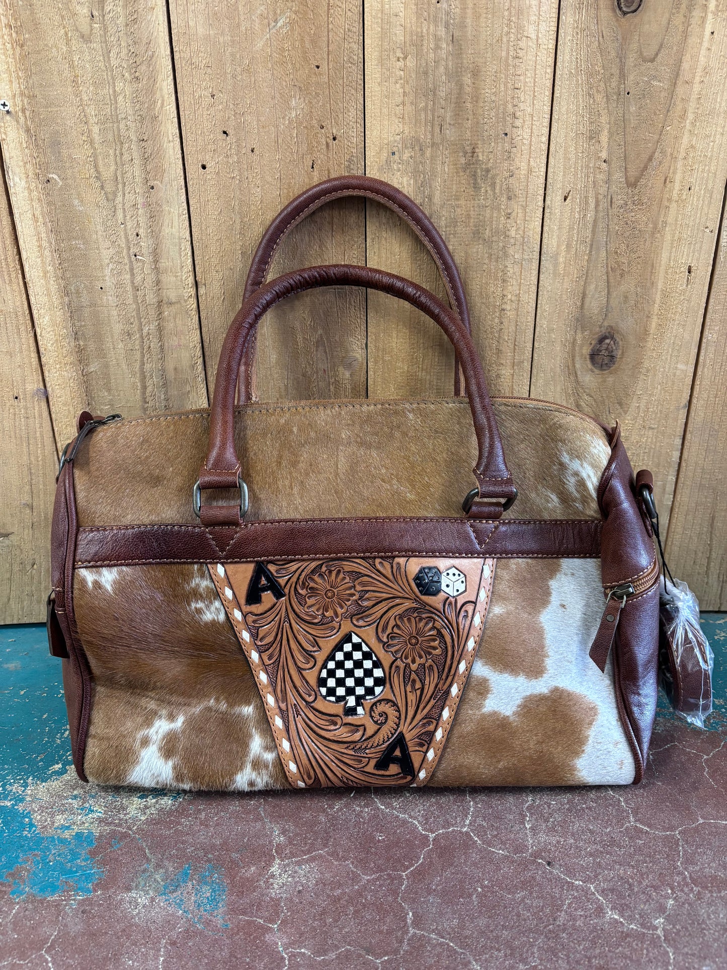 Brown and White Cowhide Leather Ace Of Spades Tooled Tote Bag