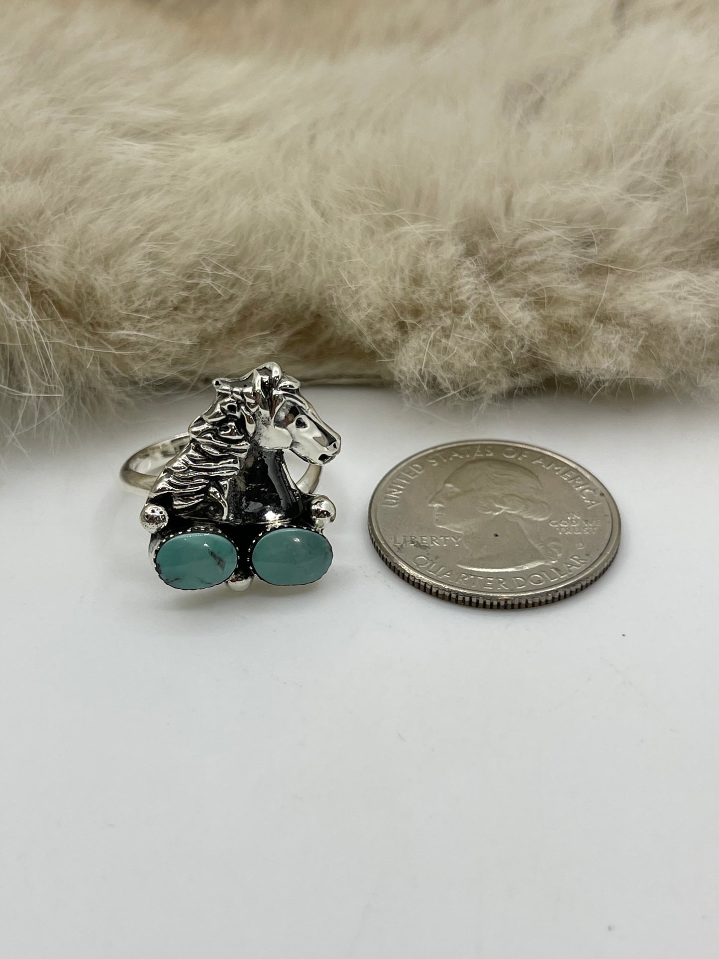 6.5 Horse with 2 Turquoise Stones Semi-Adjustable Ring by Sonyei Coho, Navajo
