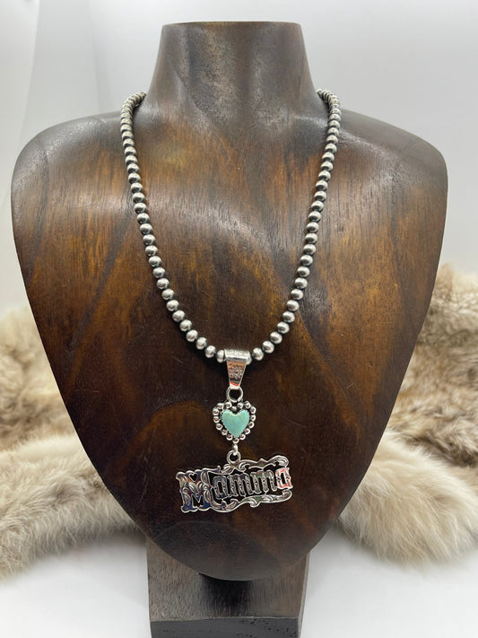 5mm 16” Momma Necklace with Turquoise Heart Pendant by Michael Yazzie, Navajo