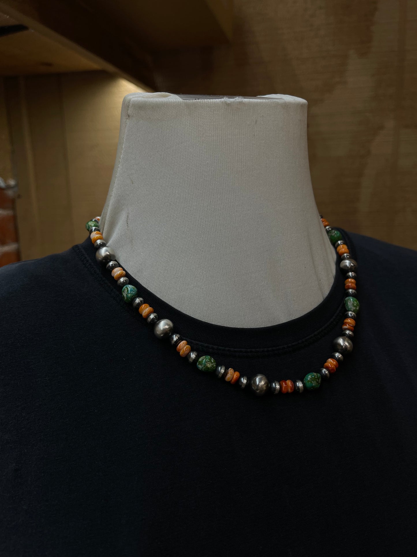 20" 6mm-10mm Navajo Pearl, Spiny Oyster, and Sonoran Gold Turquoise Necklace